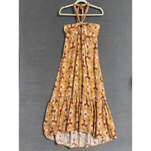 Aerie Dress M Yellow Brown Sleeveless‎ Halter Boho Ruffle Tier Summer Beach Midi - Picture 1 of 14